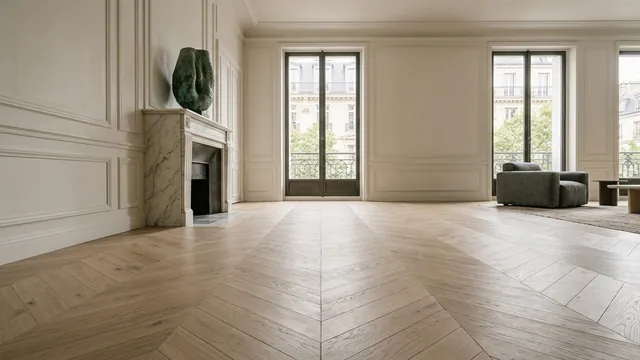 French chevron oak floor in a panelled Parisian salon with a marble fireplace