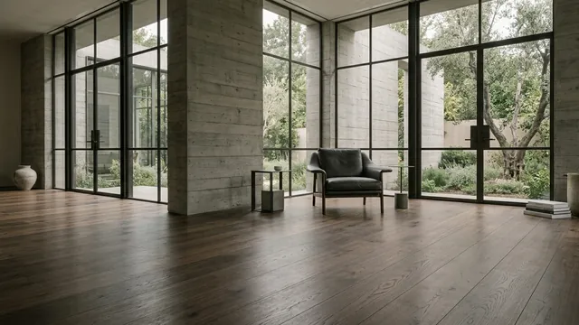 Deep smoked walnut planks in a concrete loft with blackened steel windows