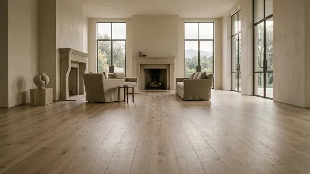 Wide warm white oak planks across a limestone great room with a stone fireplace