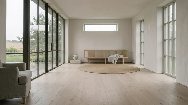 Pale bleached oak planks in a bright Scandinavian room with a wooden bench